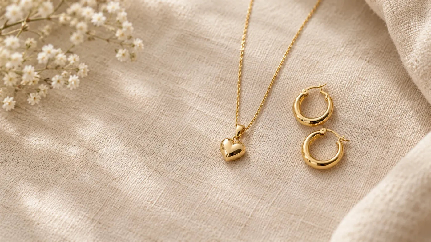 Gold heart pendant necklace and hoops on beige linen