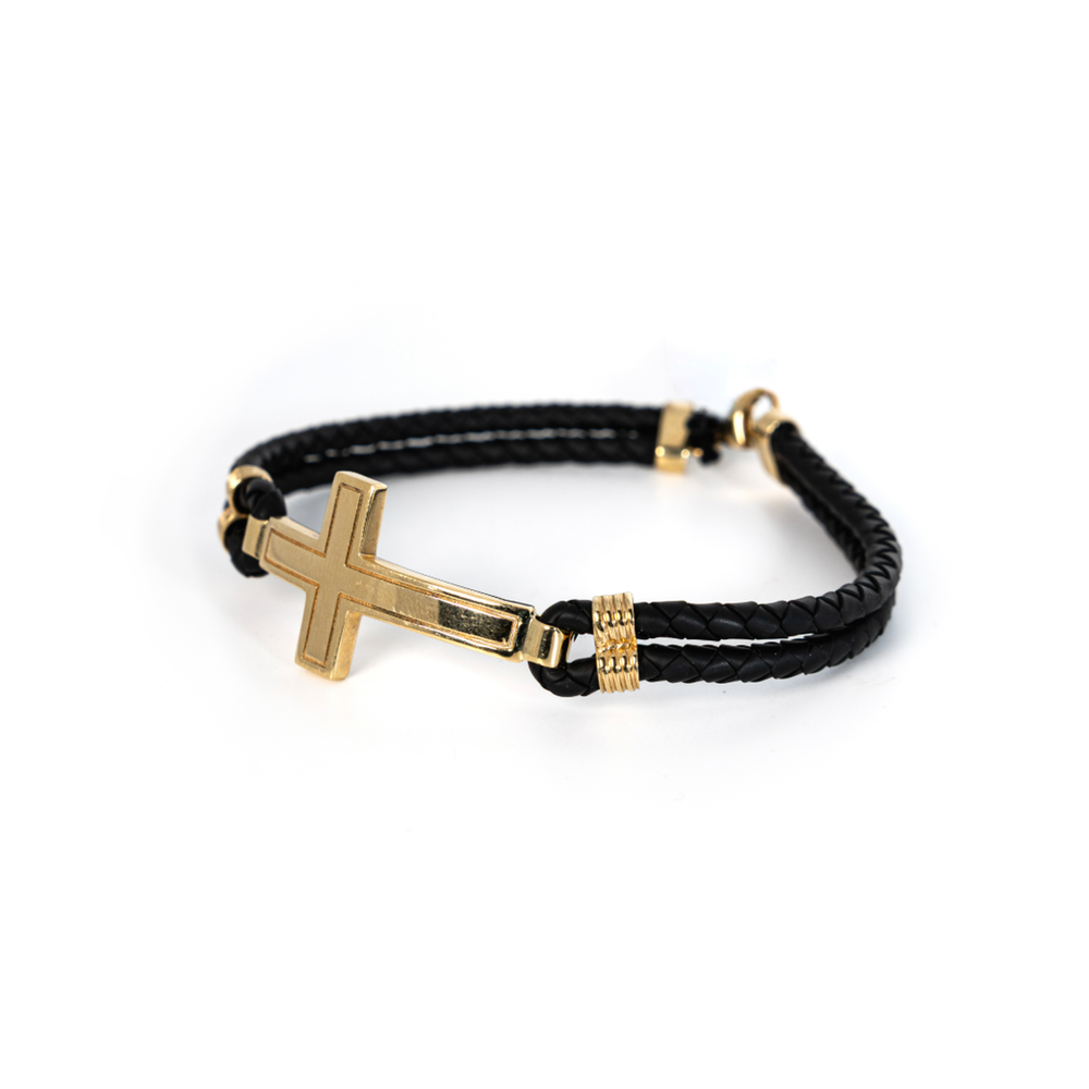 Classic Cross Bracelet in 14K Gold with Black Leather