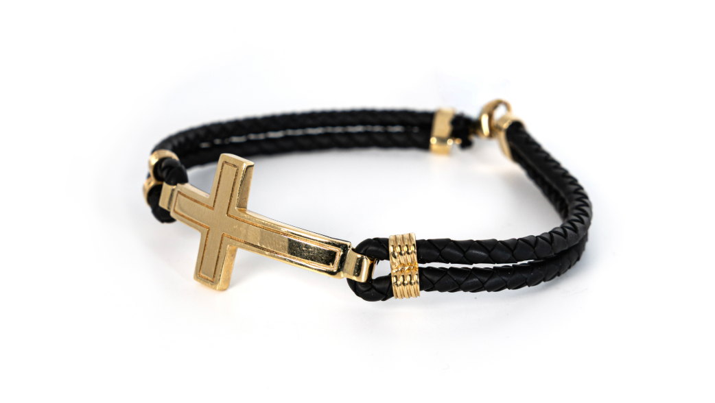 Classic Cross Bracelet in 14K Gold with Black Leather