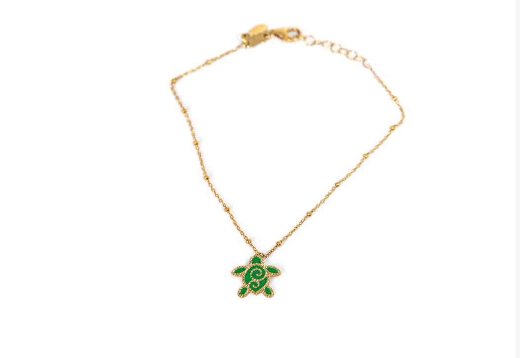 18K Gold Turtle Necklace with Green Details