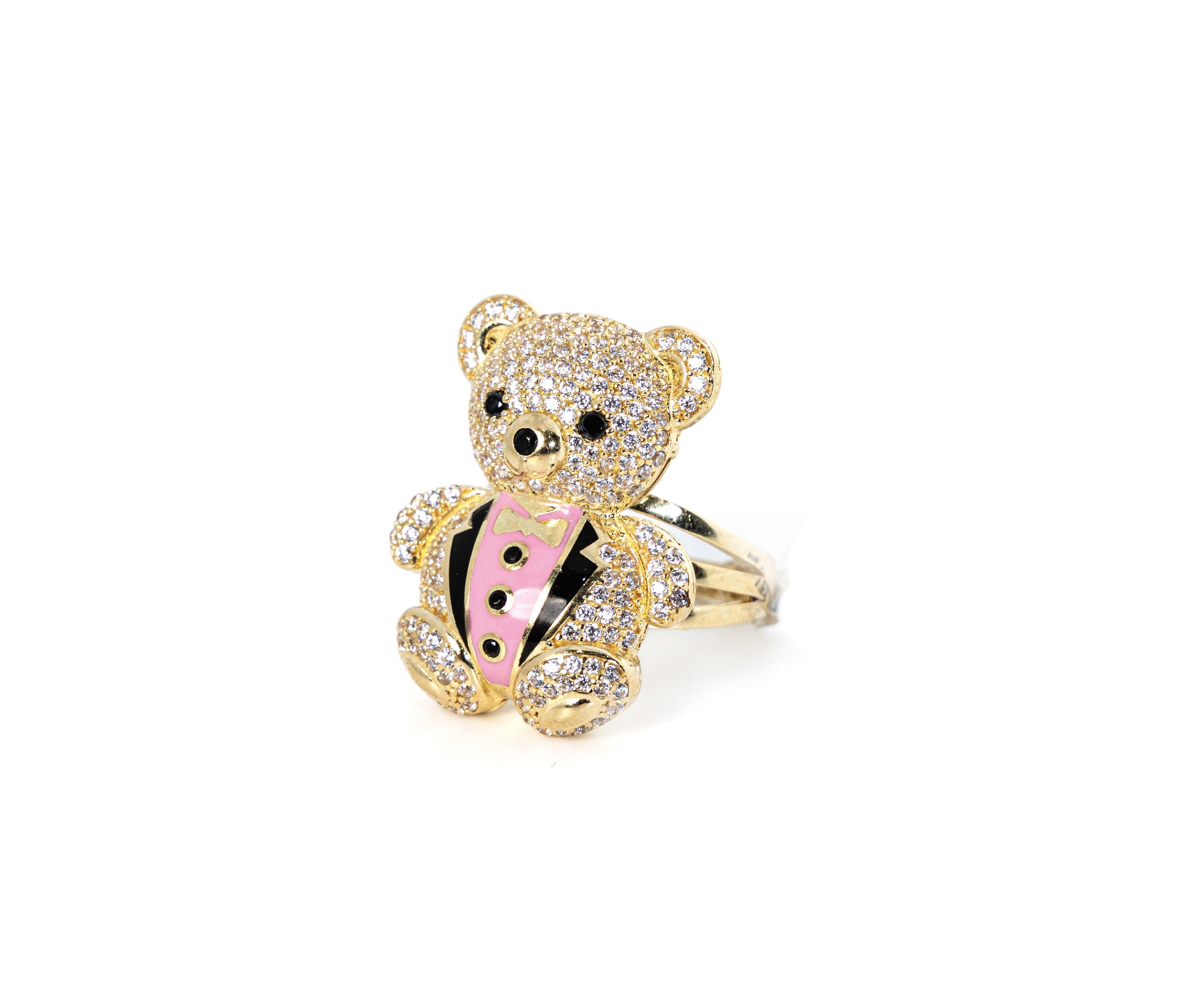 Teddy Bear Ring with Pink Enamel Bowtie