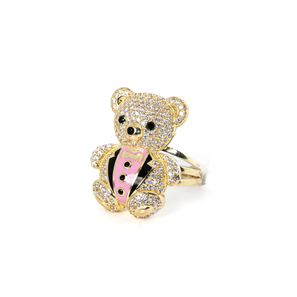 Teddy Bear Ring with Pink Enamel Bowtie