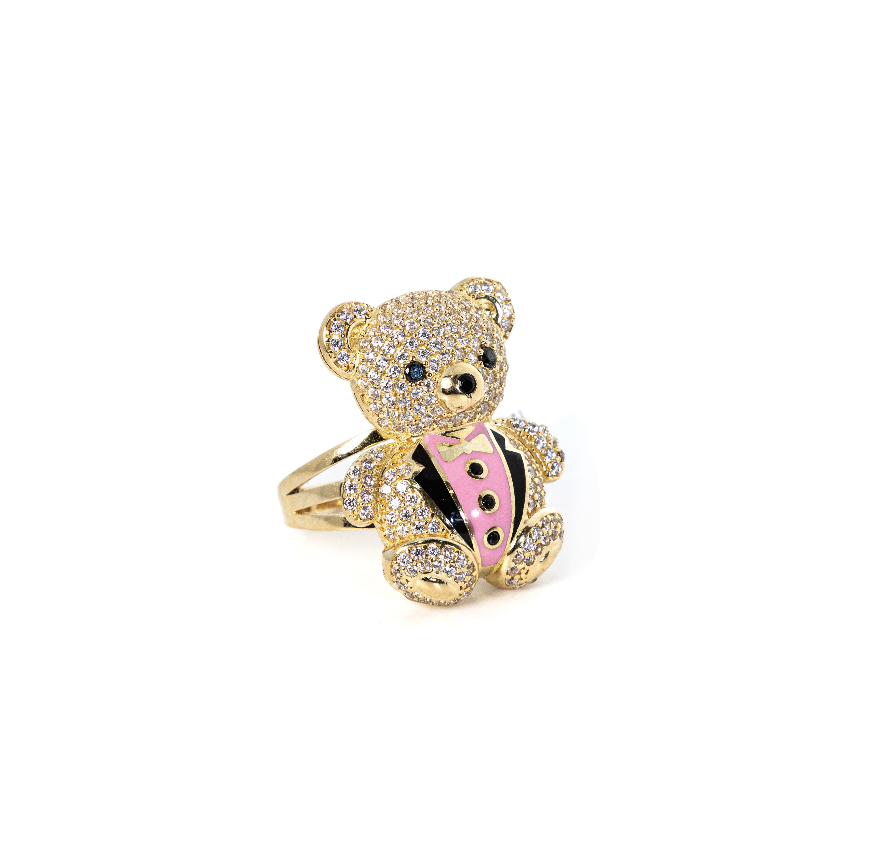 Teddy Bear Ring with Pink Enamel Bowtie