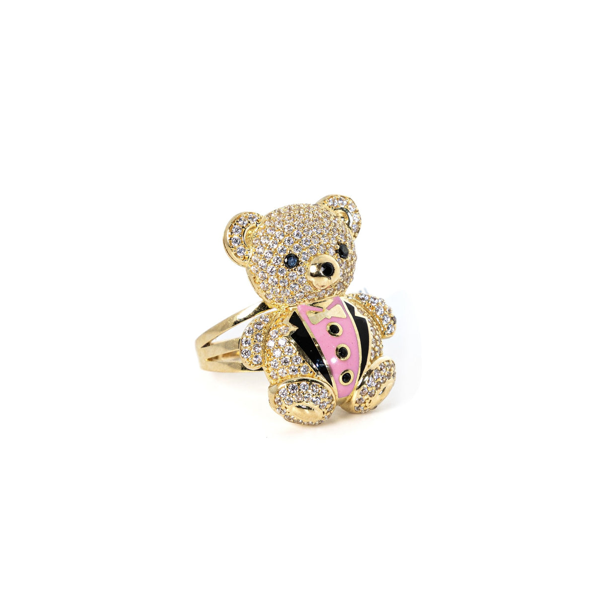 Anillo de osito de peluche con pajarita esmaltada en rosa