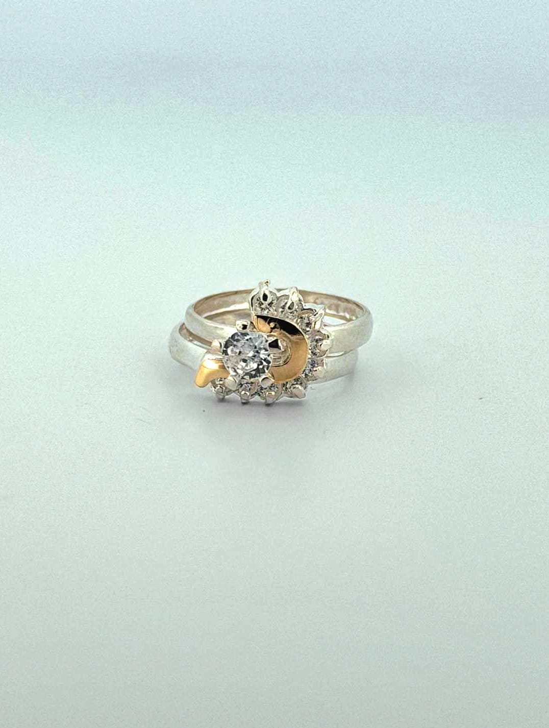 Moon & Star Double Ring in Silver with Gold Details
