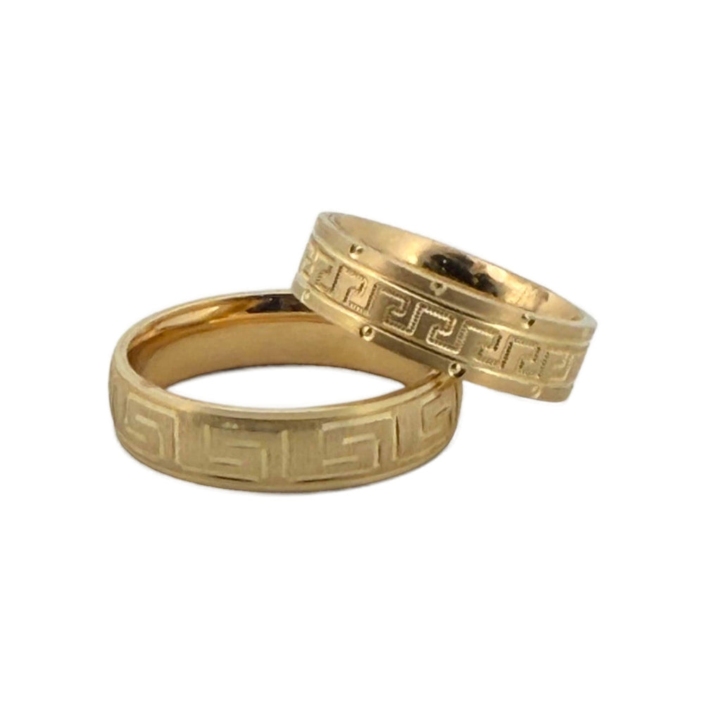 Gold Satin Greek Key Engraved Wedding Bands