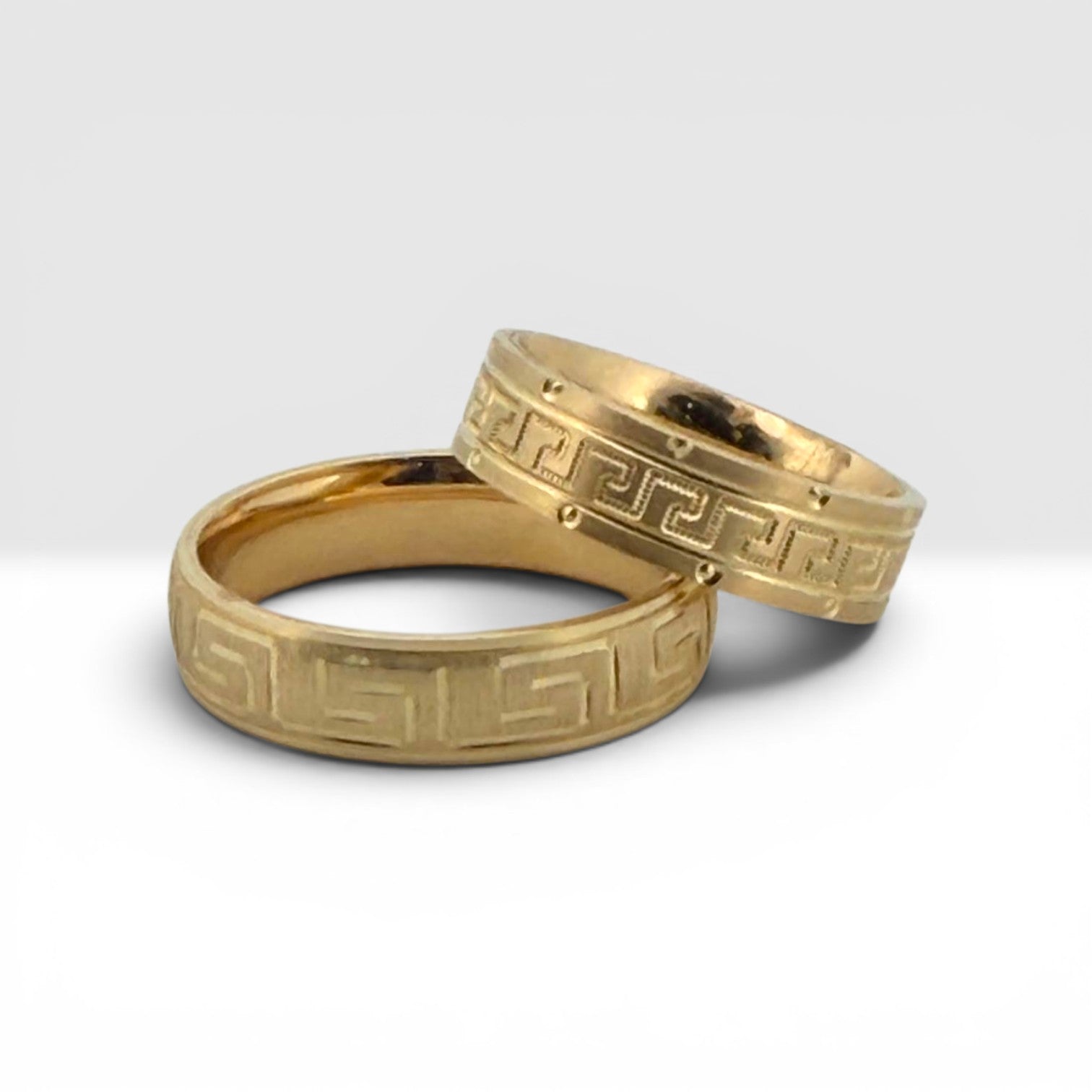 Gold Satin Greek Key Engraved Wedding Bands