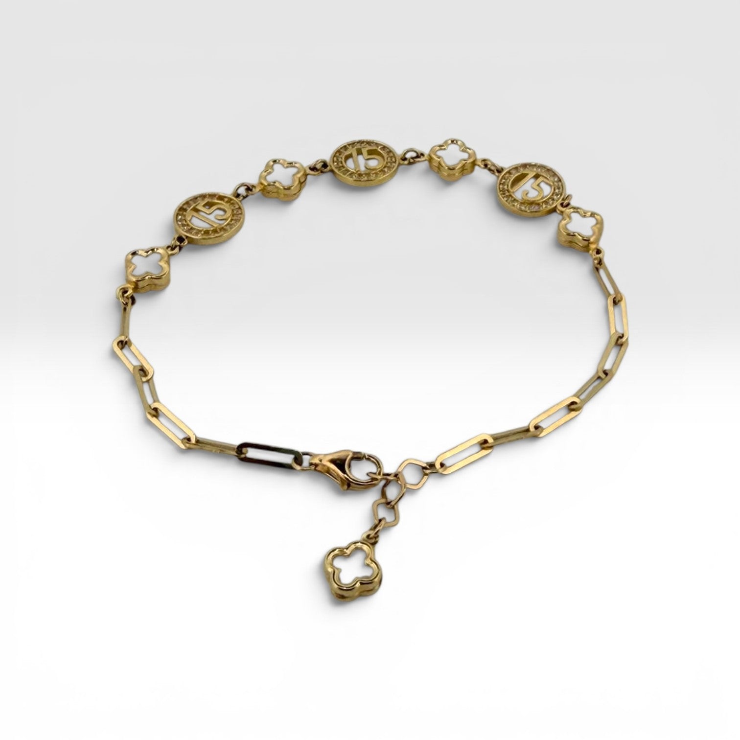 Gold Sweet 15 "Mis 15" Clover Link Bracelet