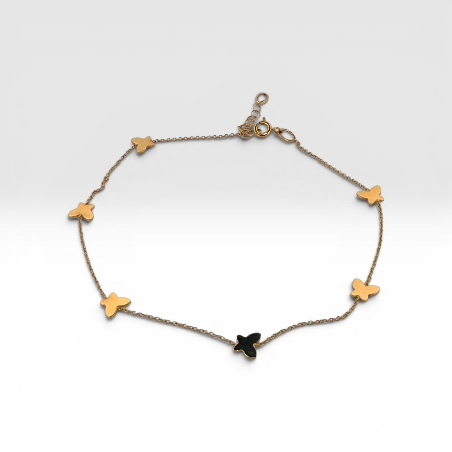 Gold Butterfly Anklet with Dark Enamel Accent