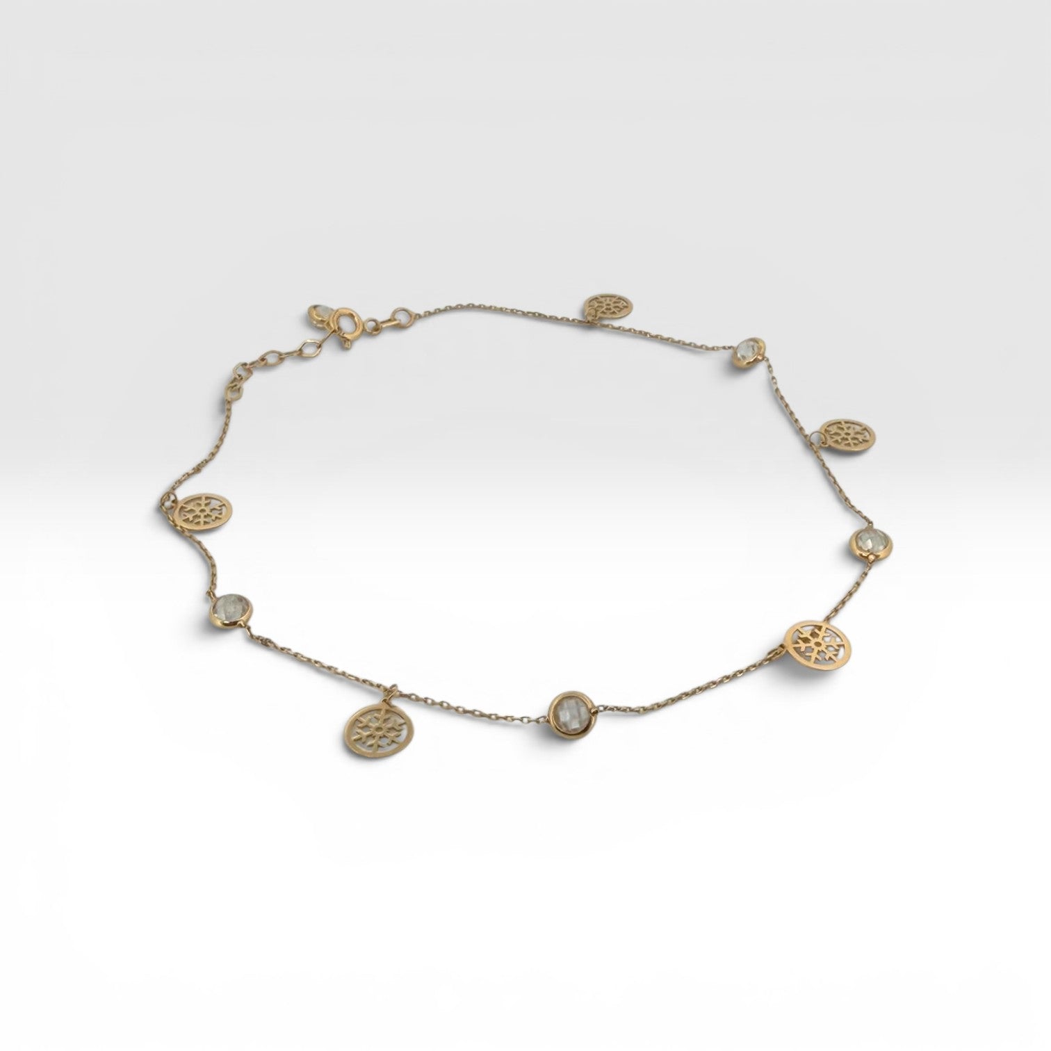 Gold Anklet with Filigree Medallions and Crystals