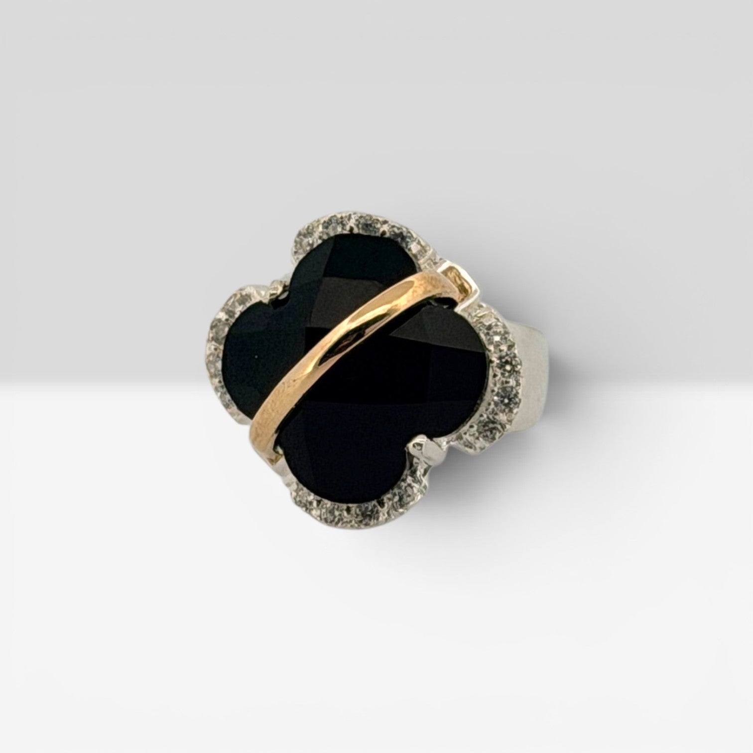 Noir Clover Silver Ring & Gold Accents