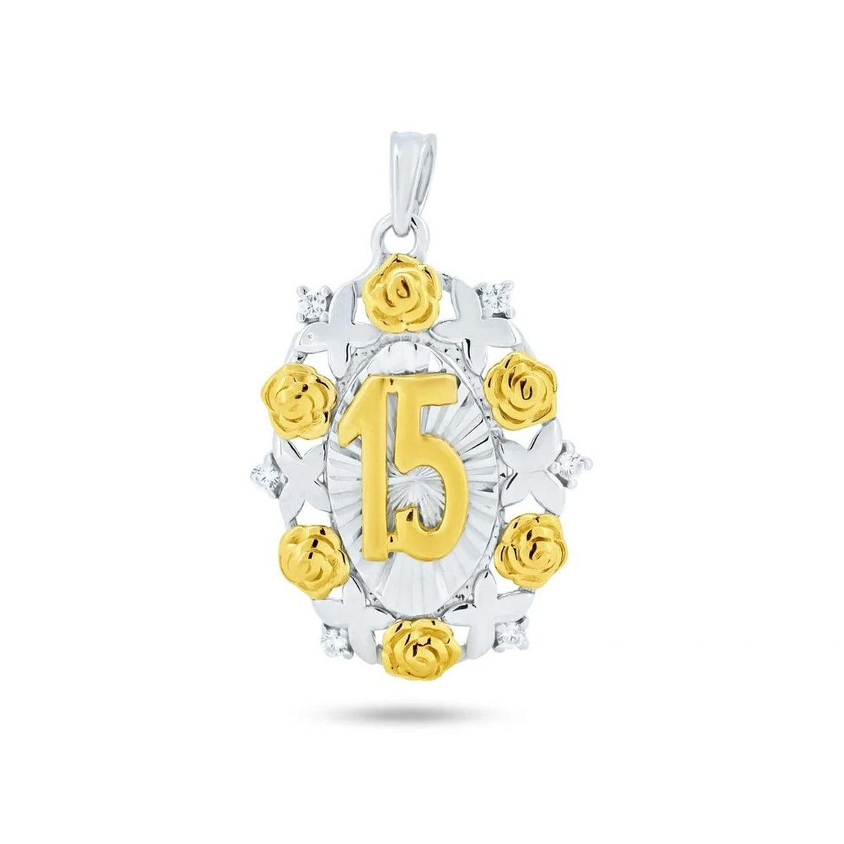 Dije de quinceañera ovalado de plata 925 en dos tonos