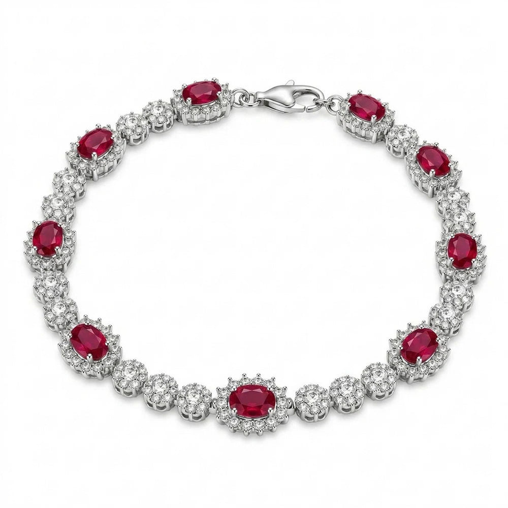 925 Silver Tennis Bracelet with Moissanite and Red Stones