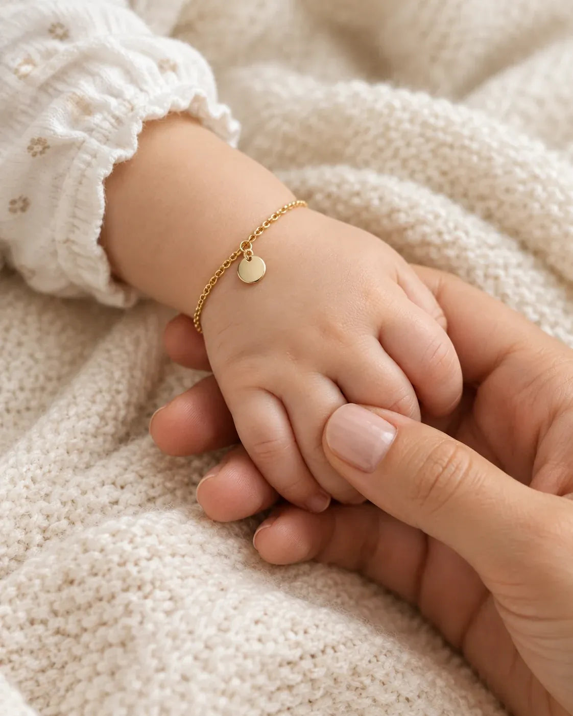 Baby wearing a gold bracelet