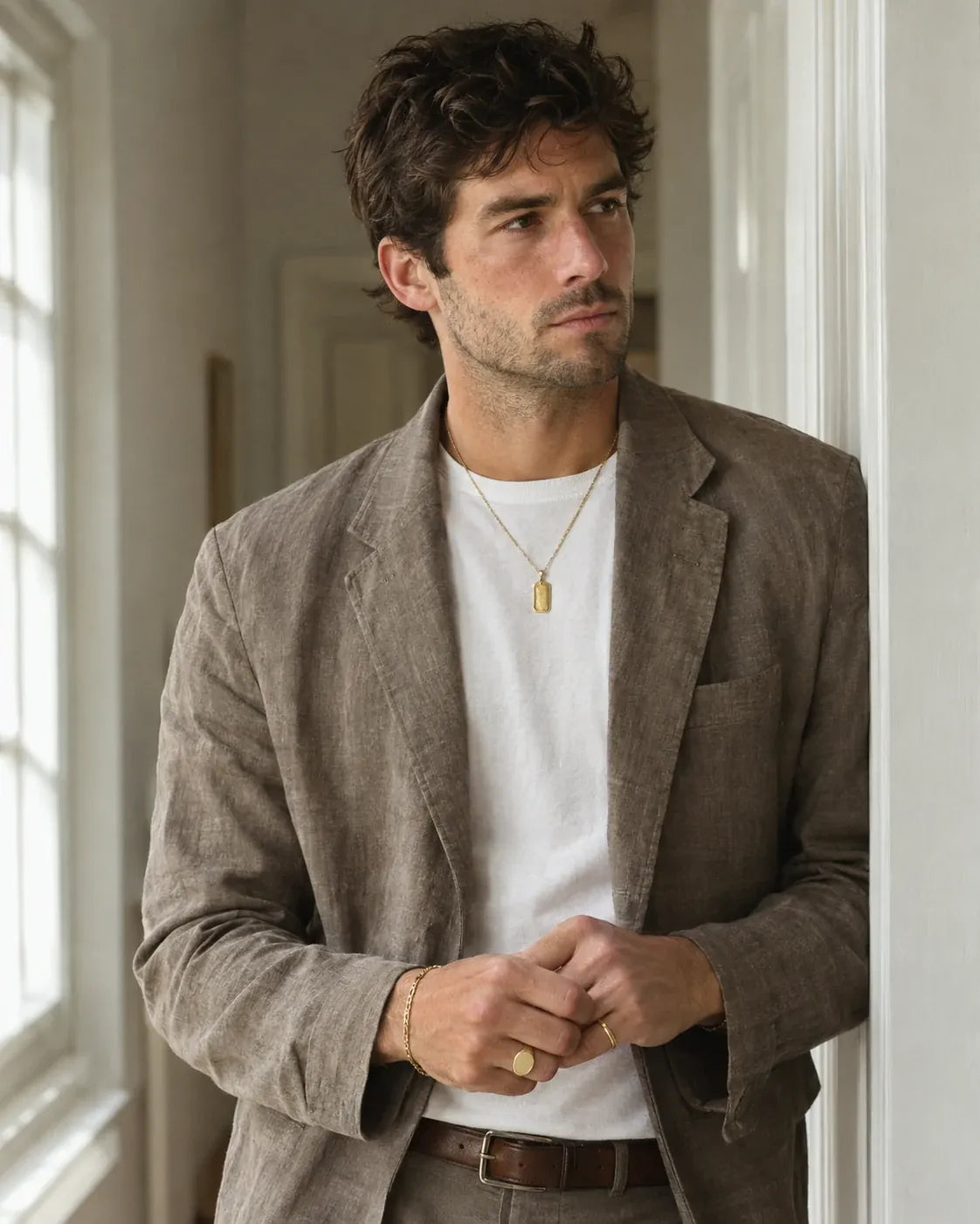 Man wearing a gold tag pendant, signet ring and bracelet