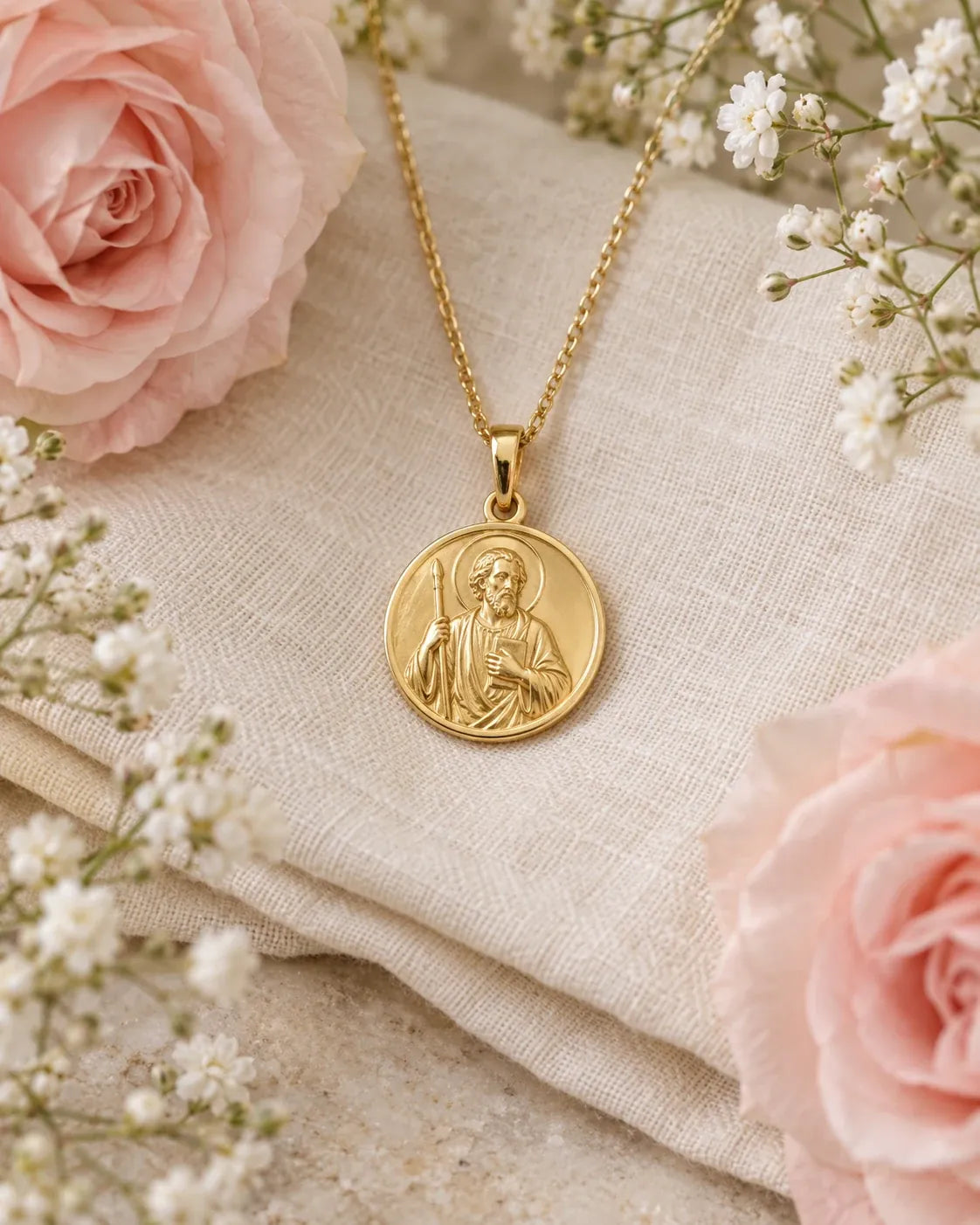 Gold saint medal on linen with flowers